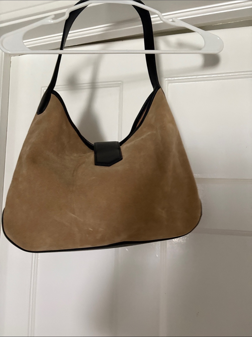 J. Crew Tan Suede Shoulder Bag with Black Trim and Gold Accent - Picture 2 of 3